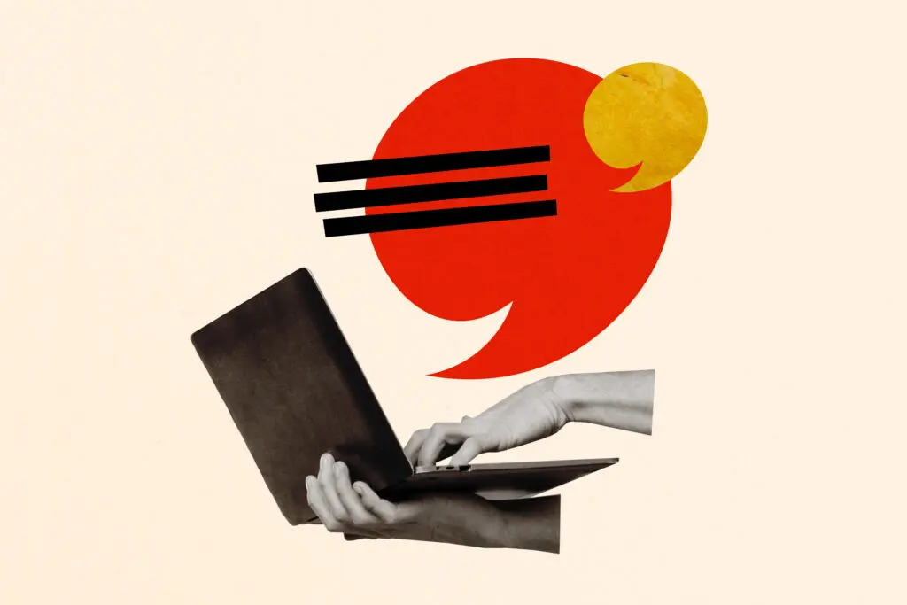 Sketch artwork trend composite image 3d collage photo of huge hands hold laptop virtual user blogger create post type social media message communicate get feedback.