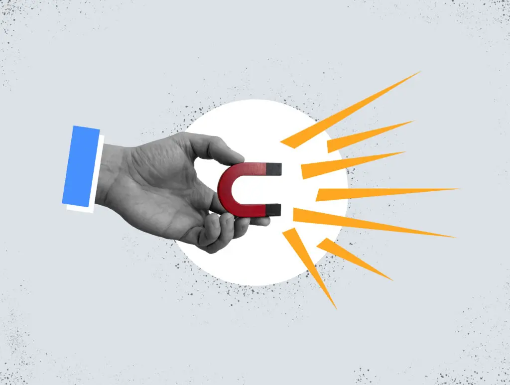 Collage with a hand holding a magnet. Customer acquisition.