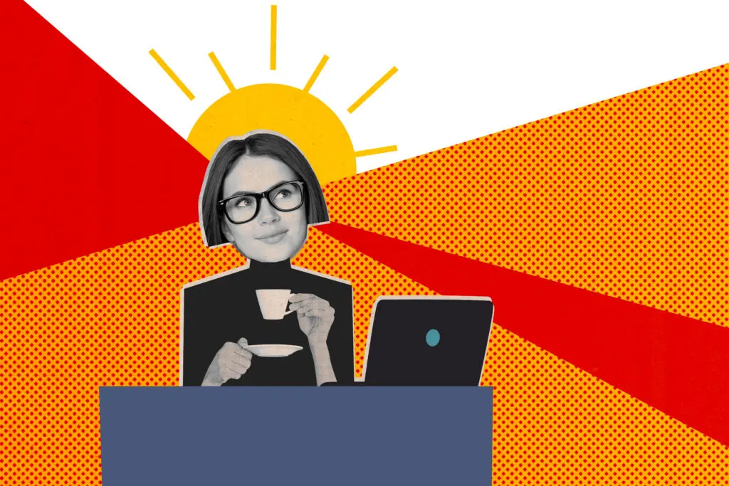 Photo collage artwork minimal picture of dreamy cheerful lady enjoying morning office coffee isolated graphical background.