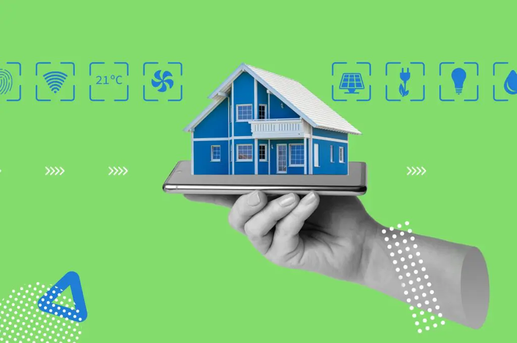 Collage showing a home sitting in a hand with climate control icons around it.
