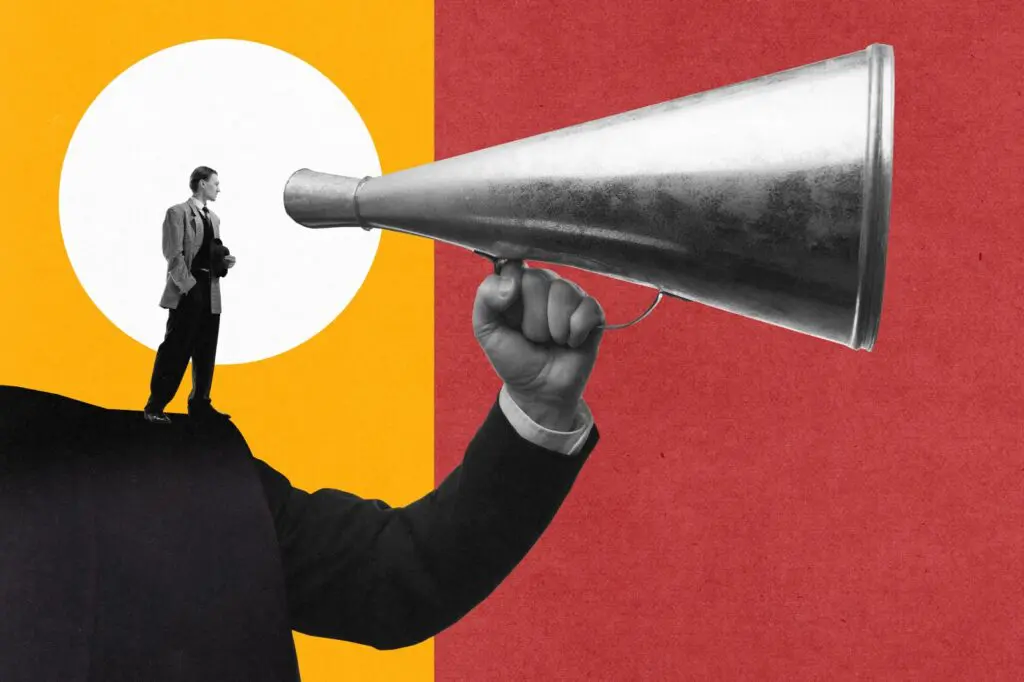 Collage of a giant arm holding a megaphone with a smaller man yelling into it.