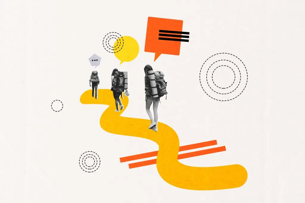 Creative collage image of black white gamma group people hiking
