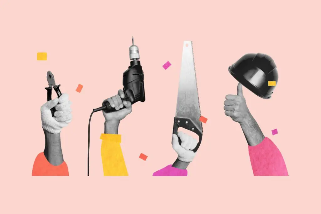 Collage of hands holding construction tools