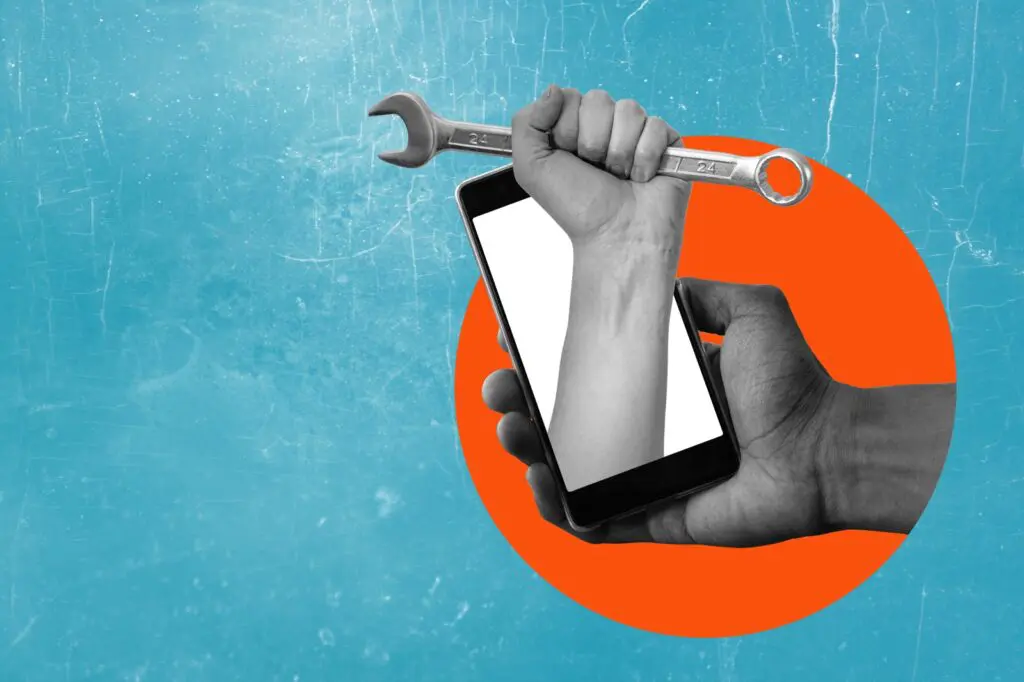 Collage of a hand holding a phone with a contractor's hand holding a wrench coming out of the screen.