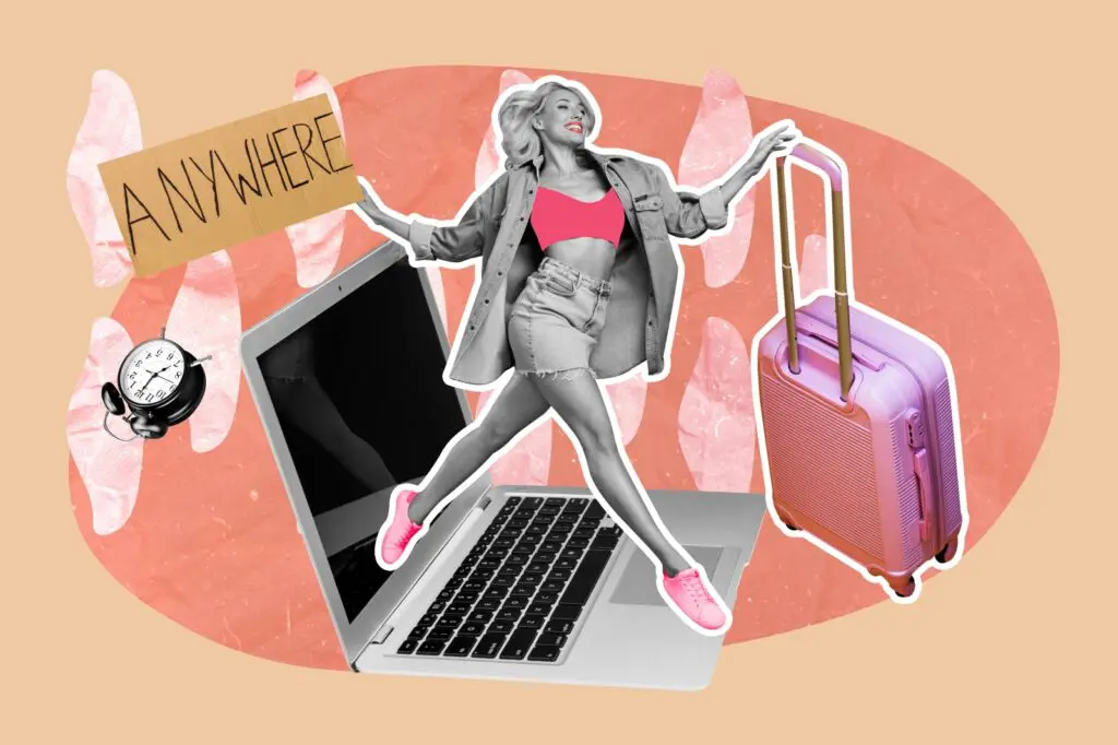 Collage of a happy woman going on vacation stepping out of a laptop