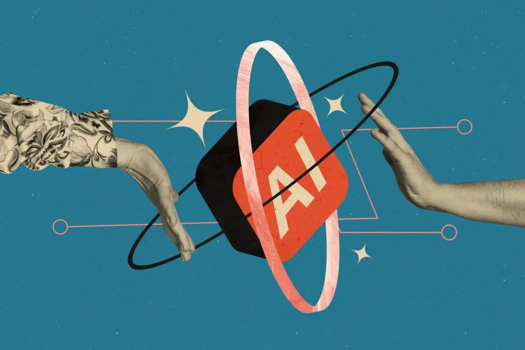 Collage artwork showing two hands reaching out to a swirling cube with the letters AI on it.