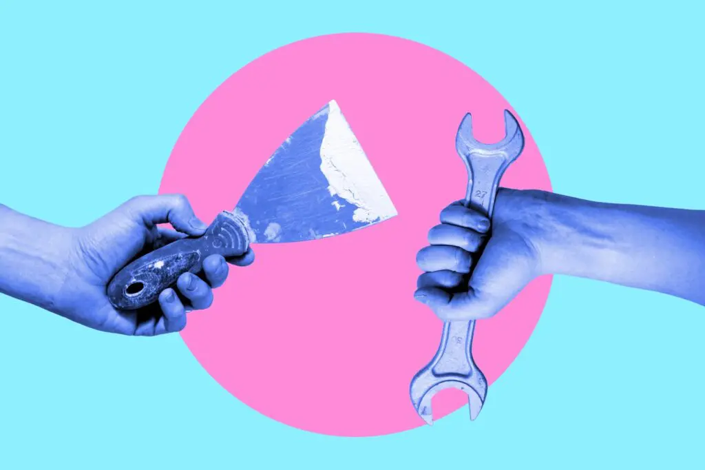 Art collage showing two hands. One is holding a trowel, the other is holding a wrench.