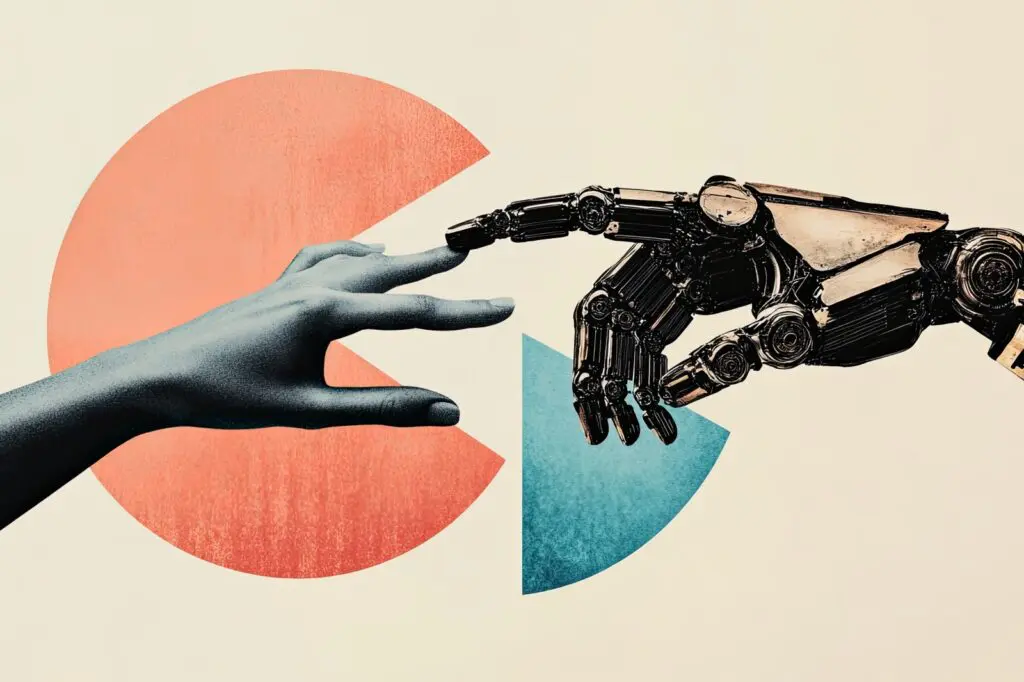 A human and robot hand touching overlayed on top of a pie chart.