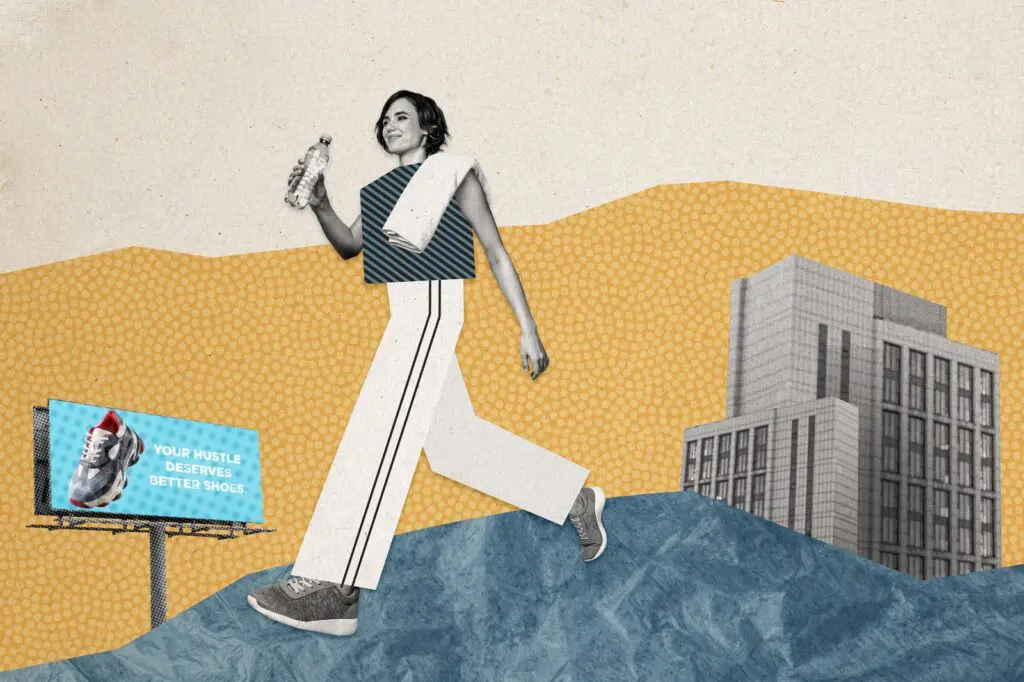 Collage image showing a woman walking in a city holding a bottle of water while a billboard shows a shoe advertisement.