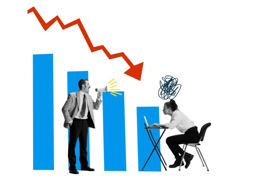 Contemporary art collage. Creative design. Businessman, manager shouting in anger at employee. Graph going down.