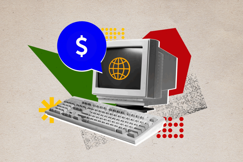 A collage of a computer with a speech balloon with a dollar sign in it.