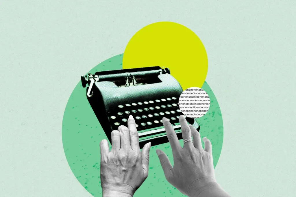 Digital pop art of two hands typing on an old typewriter