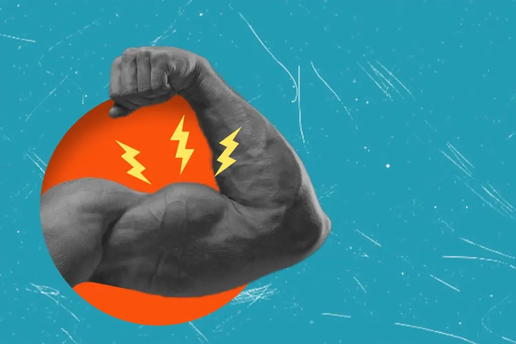 Collage art of a muscular bicep flexing with lightning bolts coming out of it