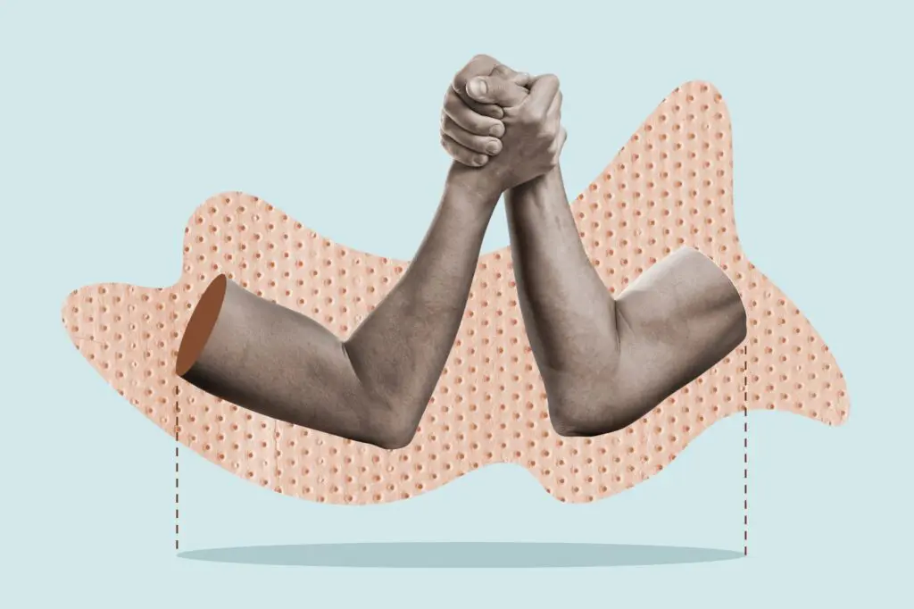 Collage art showing an arm wrestling match