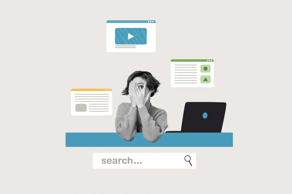 Collage of a woman hiding her face surrounded by search results