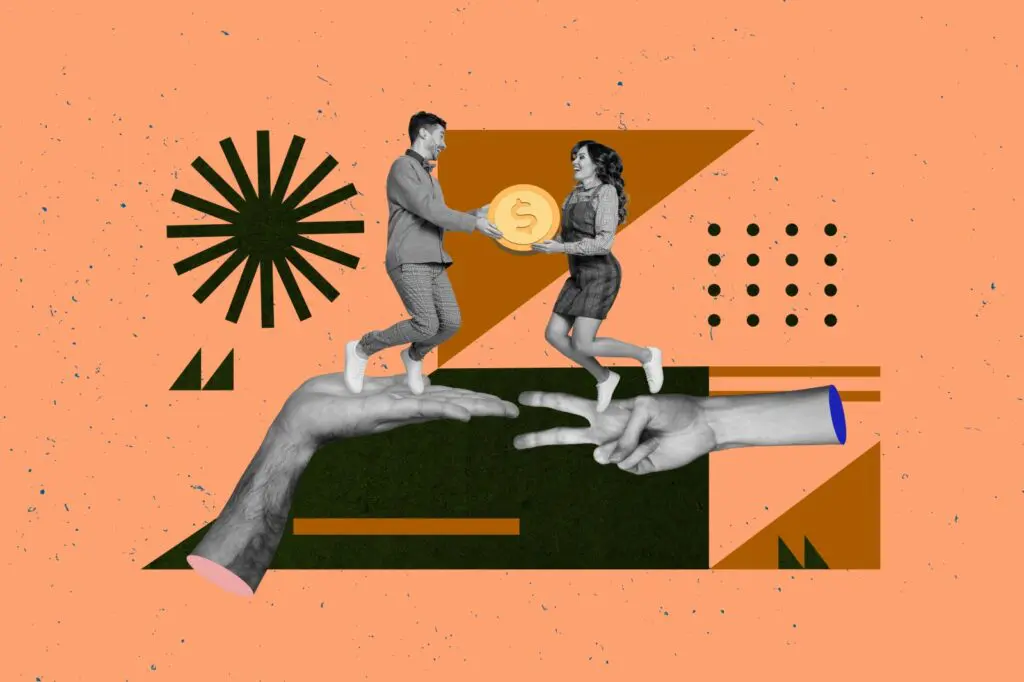 Modern collage artwork depicting a man handing a coin to a woman