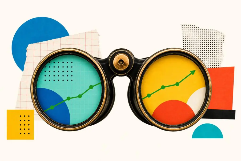 Artwork collage with vintage binoculars. In the lenses are data points and a green line pointing upwards.