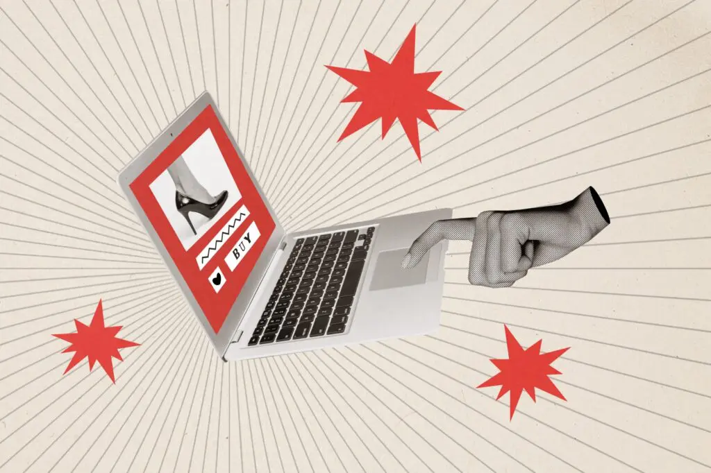 Photo collage of finger clicking a touchpad laptop to buy shoes online