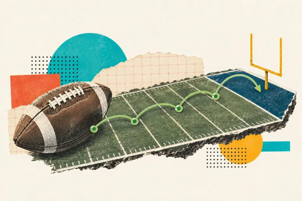 Art collage image with a giant football on a cutout football field with a bouncing green line moving downfield towards a touchdown