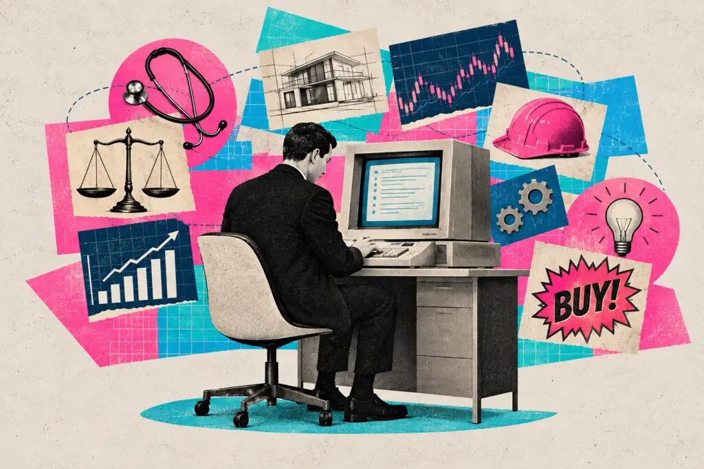 Collage artwork showing a man in a suit seated in front of an older model desktop computer. Surrounding him are images representing various professional topics framed by blue and pink boxes.