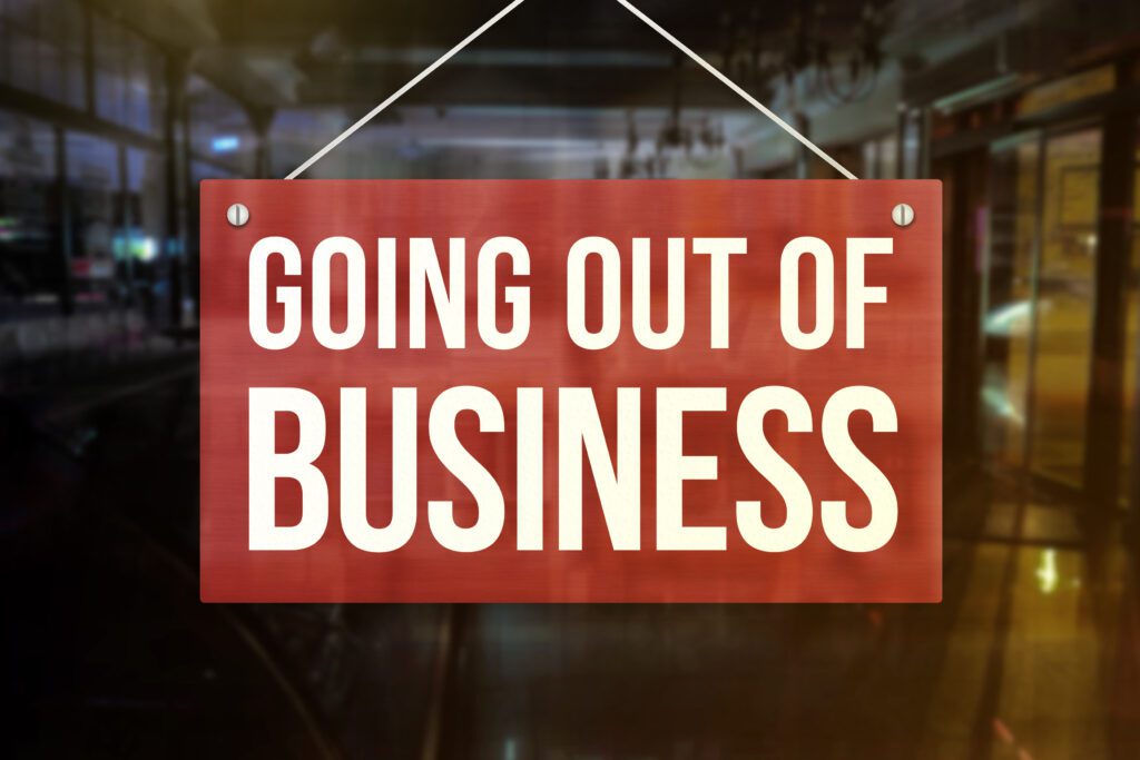 Going out of Business sign of a restaurant, cafe bar, or pub. Concept of indefinite closure, suspension, bankruptcy or going out of business.