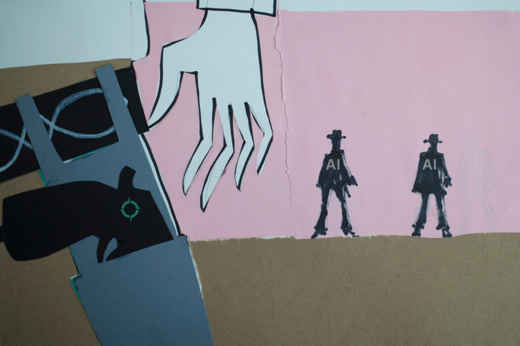 Painting close-up of a gunslinger's holster with two bandits in the distance.