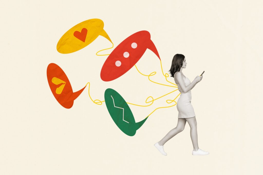 Creative collage of a pretty woman walking and using her cell phone while heart emojis float around her.