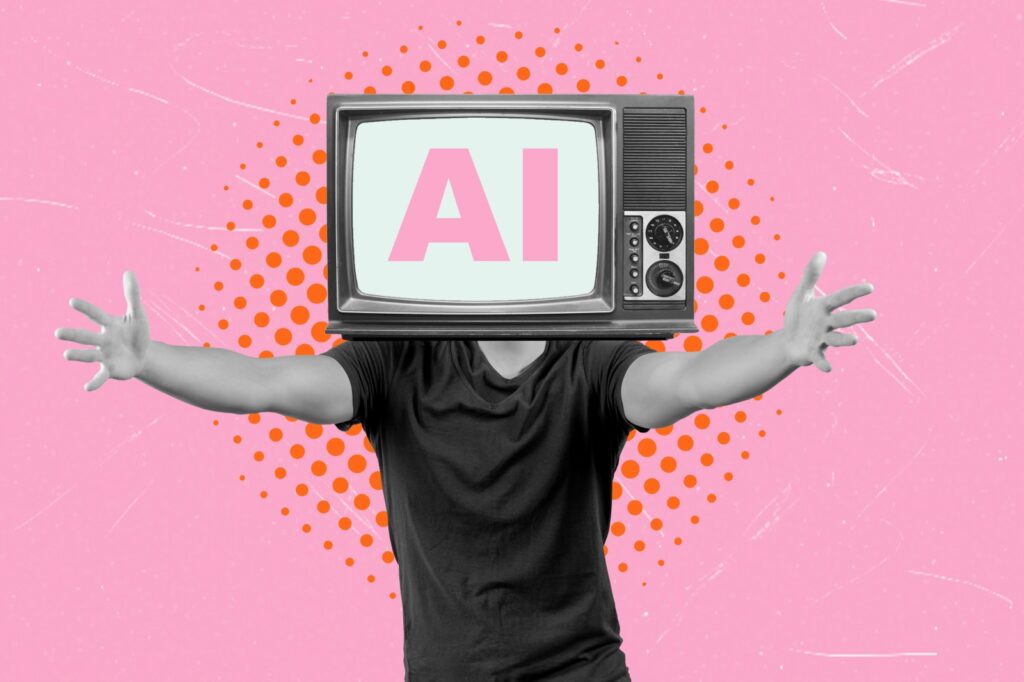 A man with a TV head and the words AI on it standing with arms stretched out