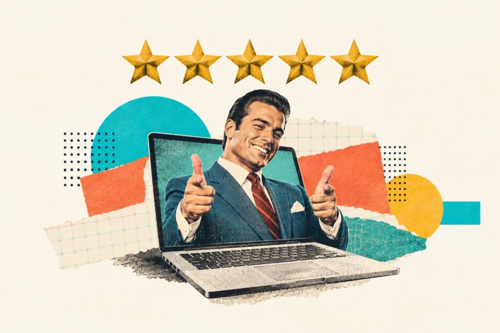 Collage artwork showing a laptop with a man in a suit popping out of the screen and five gold stars hovering above his head