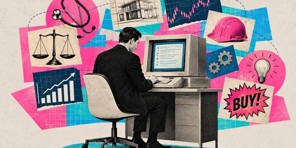 Collage artwork showing a man in a suit seated in front of an older model desktop computer. Surrounding him are images representing various professional topics framed by blue and pink boxes.