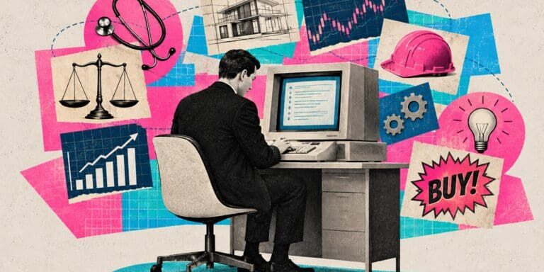 Collage artwork showing a man in a suit seated in front of an older model desktop computer. Surrounding him are images representing various professional topics framed by blue and pink boxes.