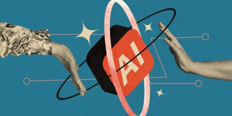 Collage artwork showing two hands reaching out to a swirling cube with the letters AI on it.