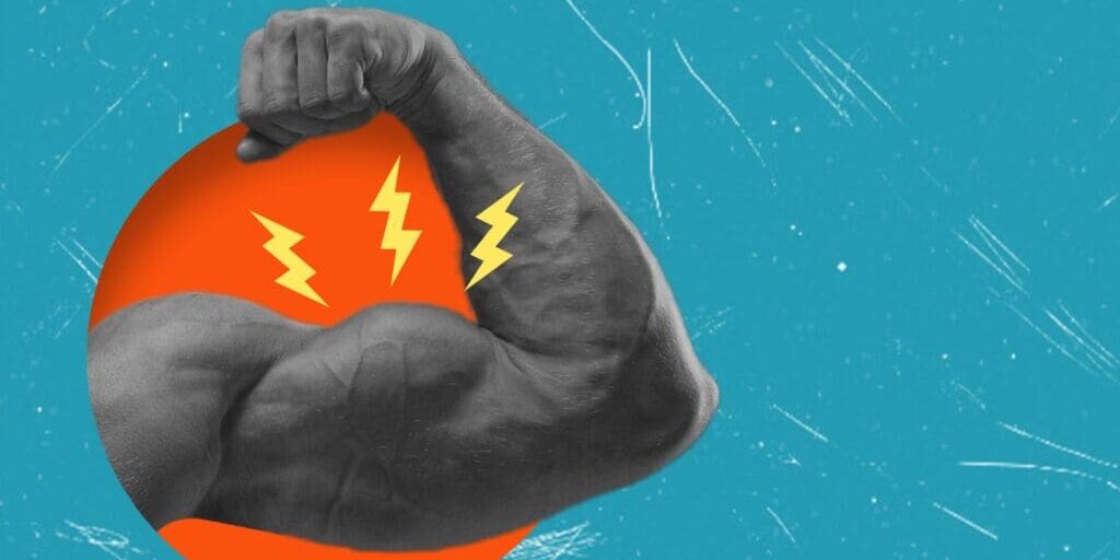 Collage art of a muscular bicep flexing with lightning bolts coming out of it