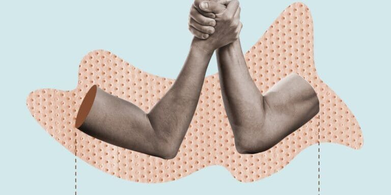 Collage art showing an arm wrestling match