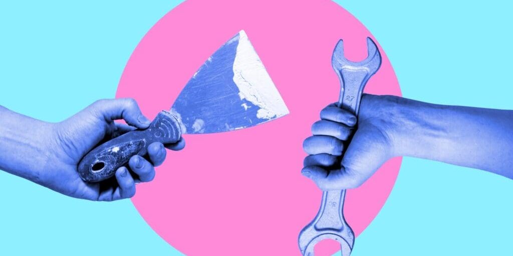 Art collage showing two hands. One is holding a trowel, the other is holding a wrench.