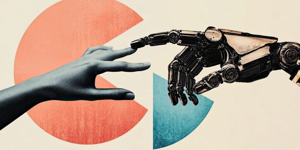 A human and robot hand touching overlayed on top of a pie chart.