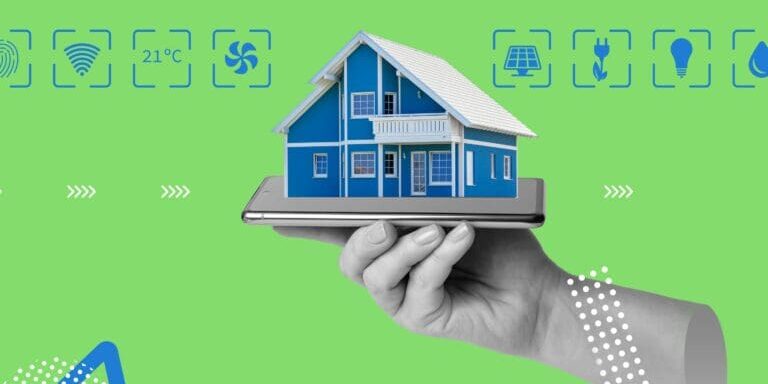 Collage showing a home sitting in a hand with climate control icons around it.