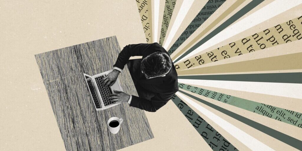 Photo collage of man at desk with computer