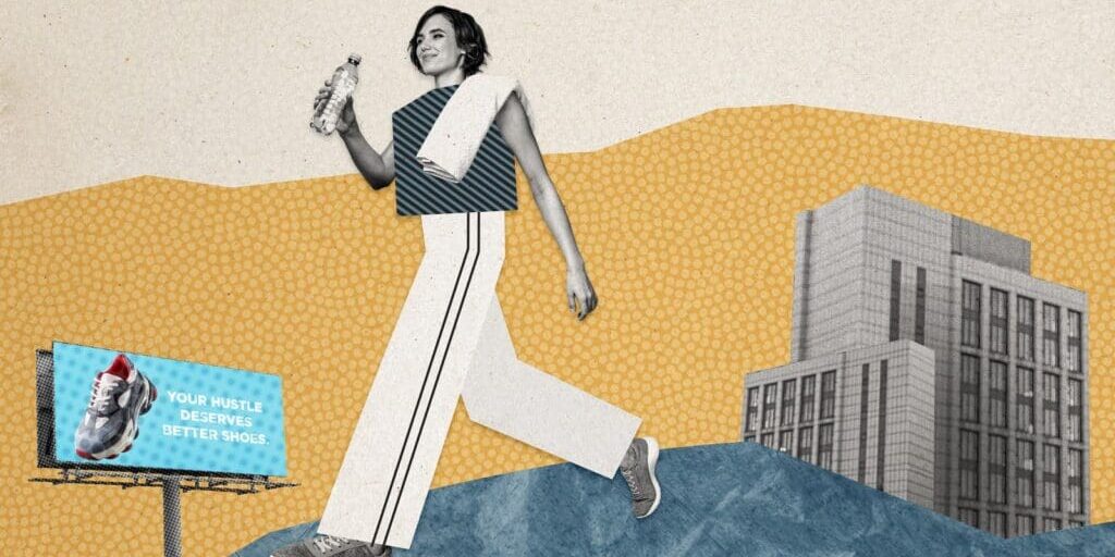 Collage image showing a woman walking in a city holding a bottle of water while a billboard shows a shoe advertisement.