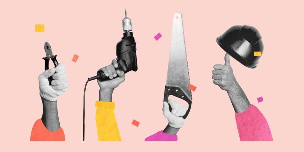 Collage of hands holding construction tools
