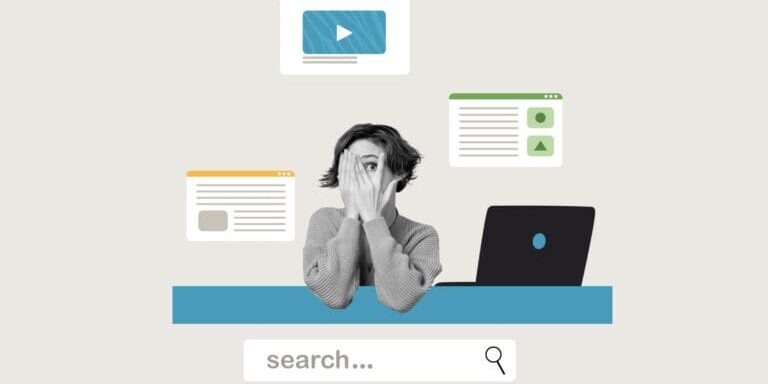 Collage of a woman hiding her face surrounded by search results