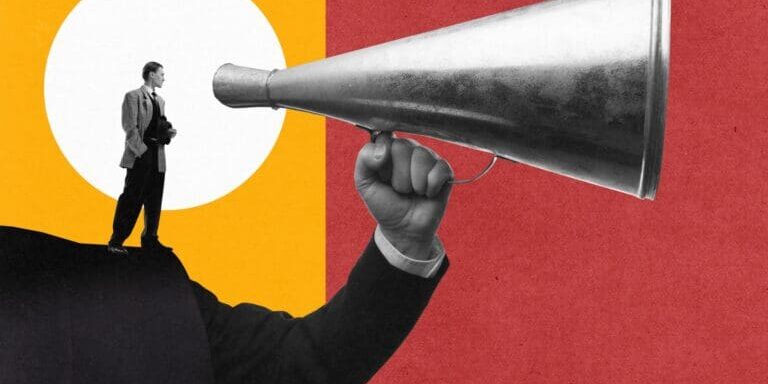 Collage of a giant arm holding a megaphone with a smaller man yelling into it.