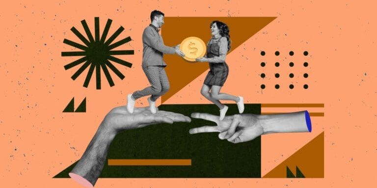 Modern collage artwork depicting a man handing a coin to a woman