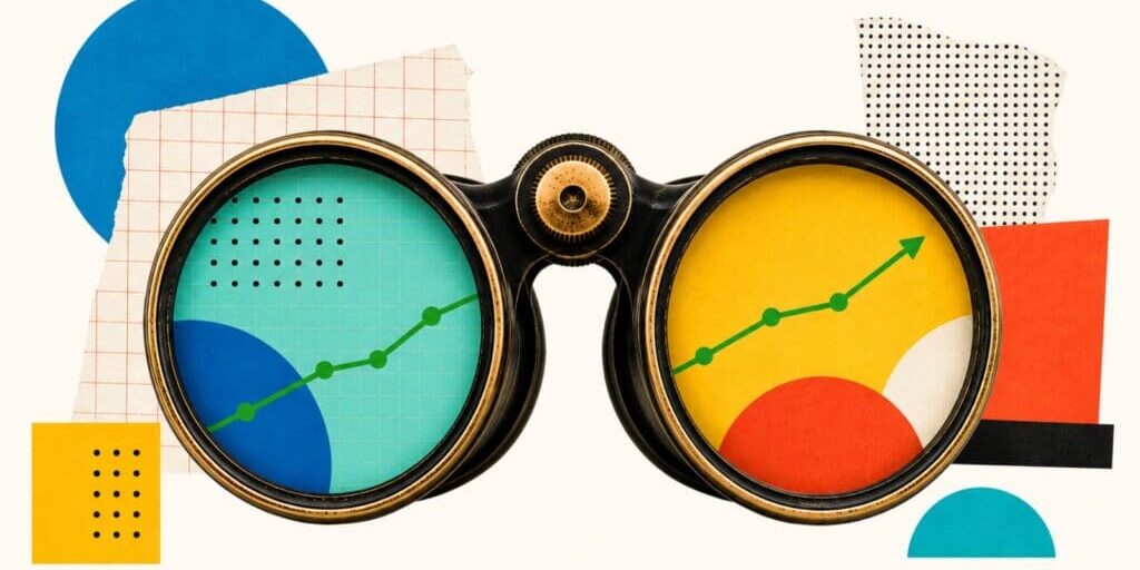 Artwork collage with vintage binoculars. In the lenses are data points and a green line pointing upwards.