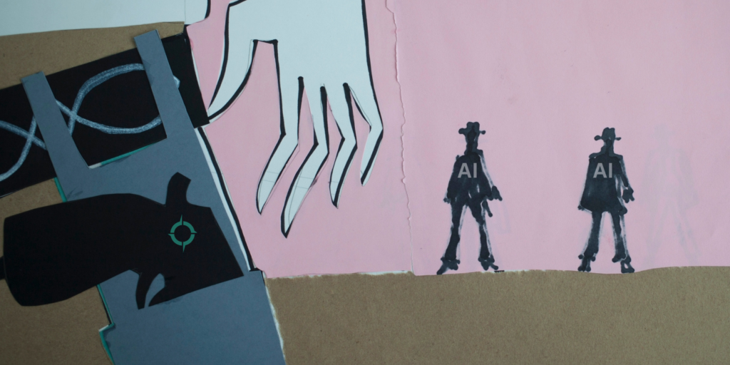 Painting close-up of a gunslinger's holster with two bandits in the distance.