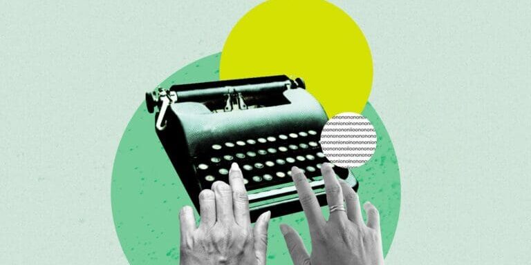 Digital pop art of two hands typing on an old typewriter