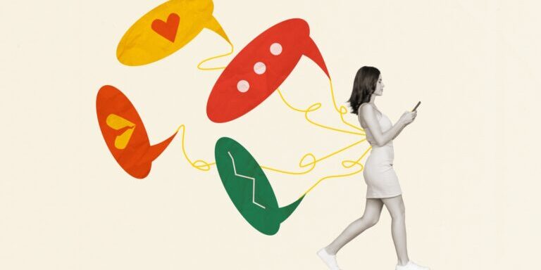 Creative collage of a pretty woman walking and using her cell phone while heart emojis float around her.