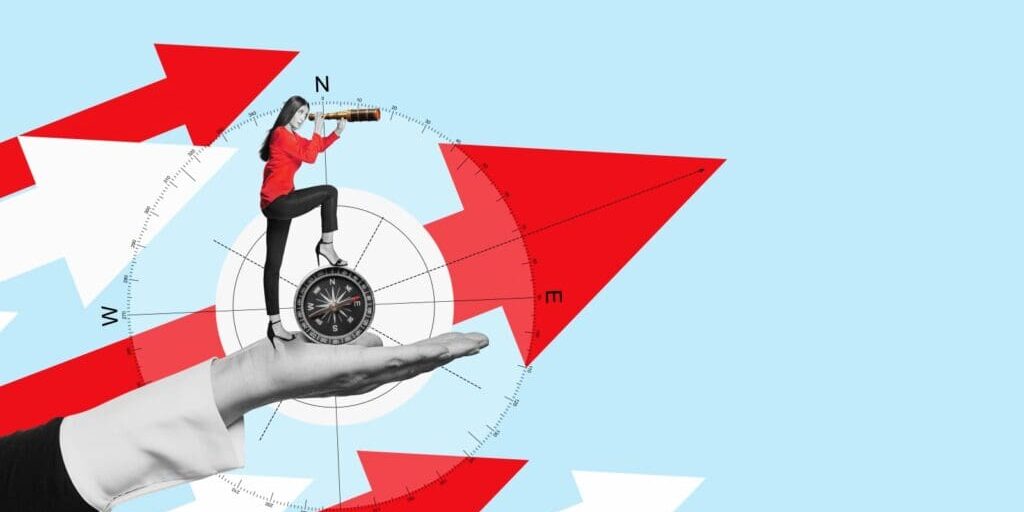 Art collage showing upward trends, compass, and a lady with a telescope.