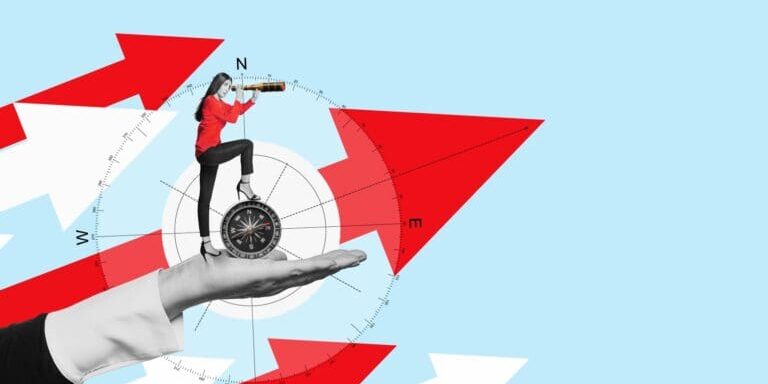 Art collage showing upward trends, compass, and a lady with a telescope.