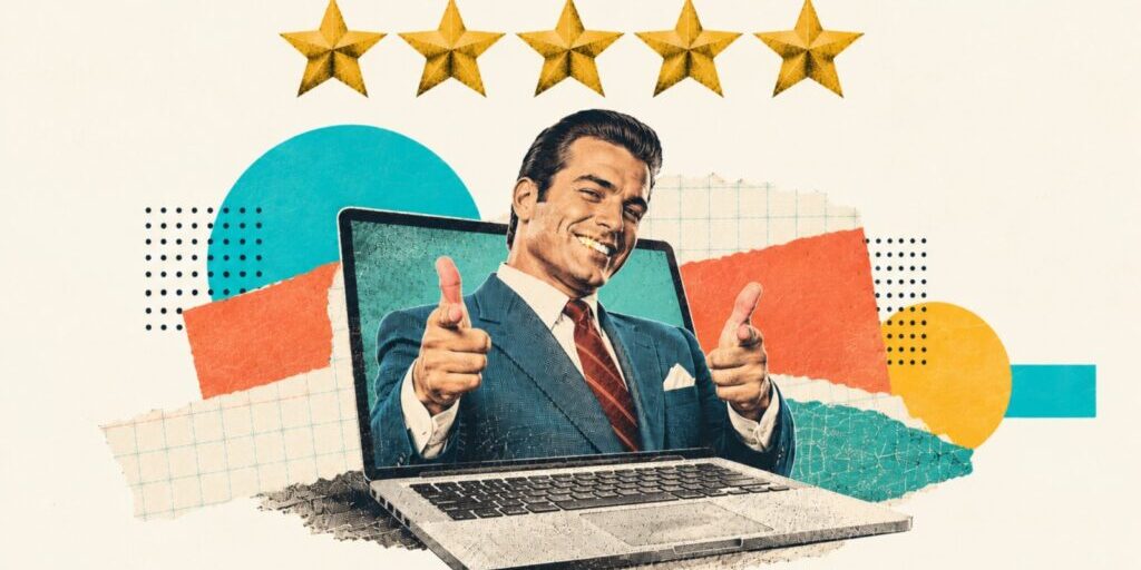 Collage artwork showing a laptop with a man in a suit popping out of the screen and five gold stars hovering above his head